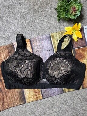 Cacique Lightly Lined No Wire Bra Black Lace and Tan Size 46DDD